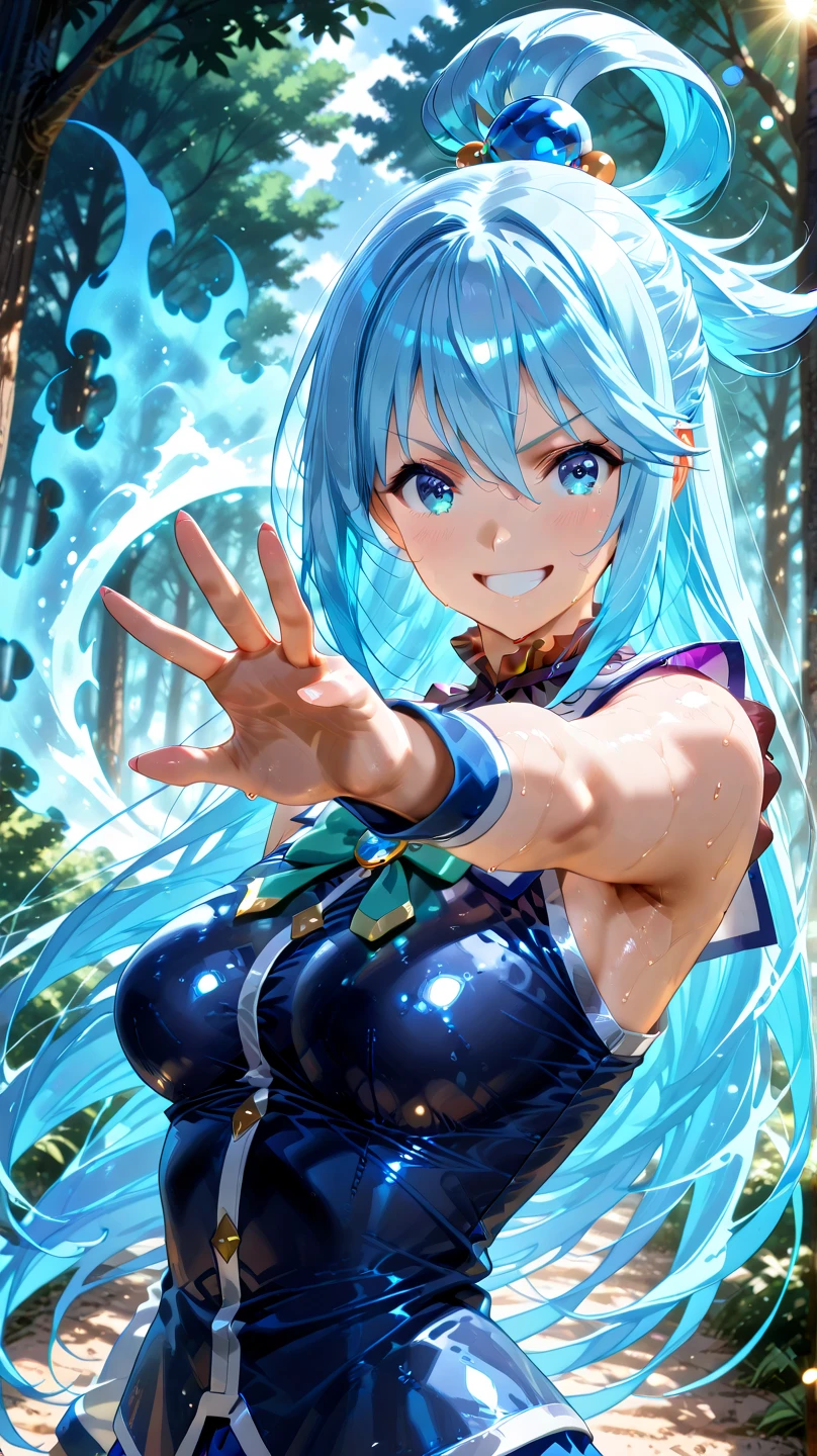 8k,Close-up of a woman in a blue and white dress,Blue Hair, so beautiful,(Like the real thing)blue eyes,ponytail,Pan Zhenwei Art Station、 Jean J..、 Detailed fantasy art、Amazing character art、 Fan Art Best Art Station、 Incredibly detailed character art、Highly detailed artwork、 Detailed digital animation art、 ArtStation Pixiv の Artgerm、 Girl dressed in blue and white,Dynamic Angle,Ultra-high resolution,Laughter,Like the real thing見える肌,Charm,sexy,Active,Dynamic action poses,Top-down view,
