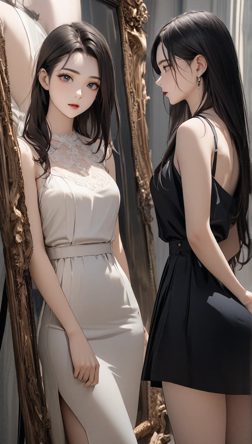 ((Biologically correct limb count))、((Full Body Shot, Full-body photo including face、Head to toe photos))、4K、(masterpiece:1.3)、((Focus on the face))、((Symmetrical facial features))、Eyes of meticulous depiction、beautiful woman、Excellent style、（(Navy blue、Velvet skirt、See-through shirt、High heels with anklets)）、Detailed Description、shopping、Married Woman、sex appeal、Alluring、To take clothes in hand、Handbags、Earrings、necklace、lipstick、Sidelong glance、profile、（One Woman:1.5)