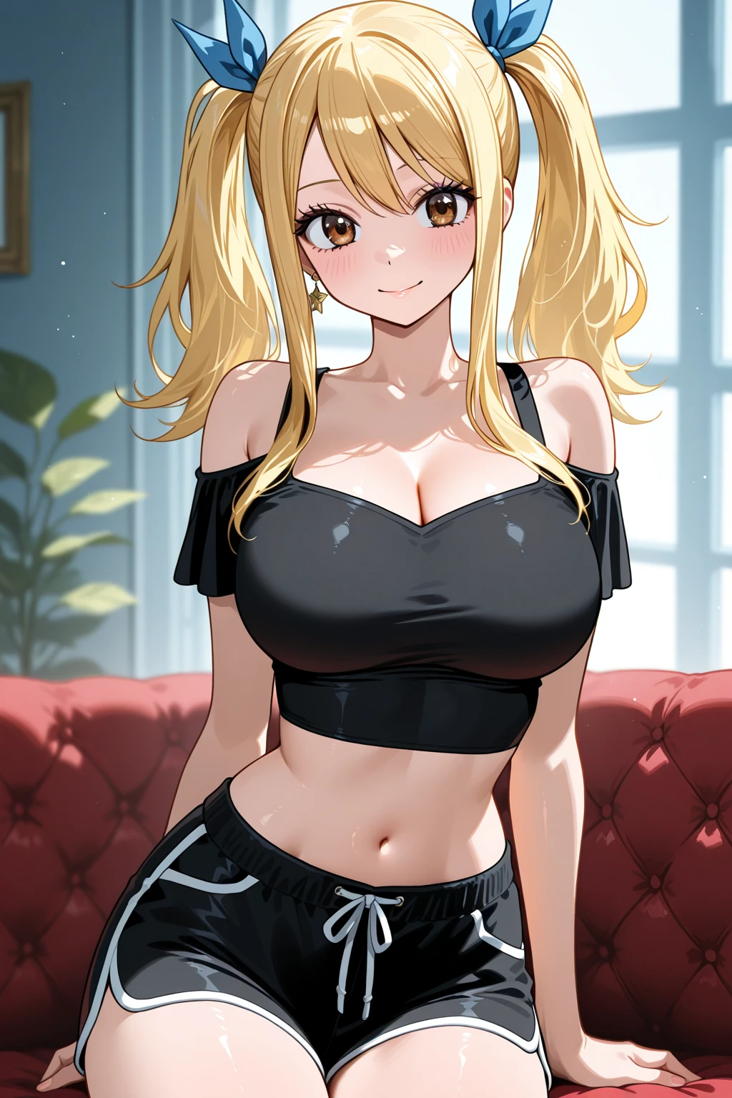 (masterpiece), best quality, Detailed, Ultra-Detailed, Digital Art, Detailed Face, (Hyper-Detailed Eyes:1.2), (Absurdres:1.3), (Realism:1.2), (Realisitc:1.2), expressive eyes, perfect face, massive breasts, very curvy, long smooth silky blond hair, light brown eyes, gyaru, full lips, seductive, smiling, at home, (tank top: 1.3), (hotpants: 1.3), revealing clothes, cleavage, at home, massive breasts, wide hips, sweating, 1 female, sitting down, sexy, sexy pose, facing the viewer, {{kuutsundere: 1.4}}