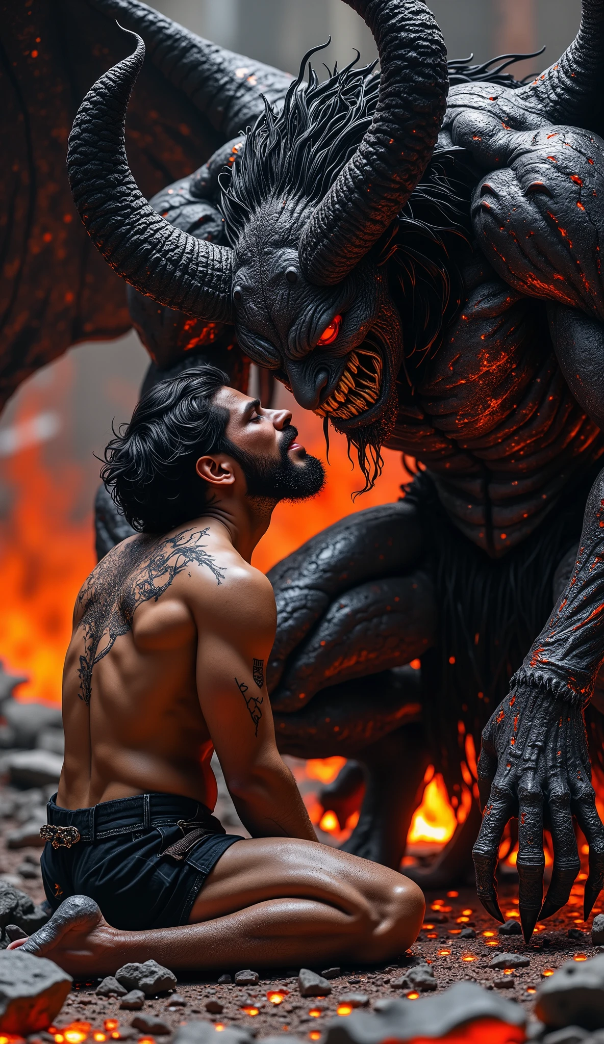 A hyper realistic, high detail infernal close-up scene. A powerful demon father, Lucifer, towers over his son, a 38-year-old Latino man with black wavy hair, black-rimmed glasses removed, and a ten-day beard. The son kneels on cracked, ash-covered ground, face bruised, skin marked with glowing fissures like molten rock.
Lucifer is colossal, skin dark with glowing lava lines, massive black horns, and burning red eyes. His huge black wings spread behind him, framing them both in a halo of shadows and embers. Lucifer leans down, his clawed hand gently gripping his son’s jaw, forcing him to look up. With solemn authority, Lucifer presses his lips to his son’s forehead, leaving a faint glow — a mark of his infernal blessing.
The background shows smoldering ruins, swirling ashes, and flames that reflect the father’s words about eternal defiance. The camera angle is a tight low close-up from the son’s shoulder height, capturing Lucifer’s mouth touching his forehead, the son’s eyes half-closed in pain but blazing with awakened fire.
The mood is epic, dark, and intimate — the sacred pact of a father who gifts his son the right to die fighting and rise as a legend.