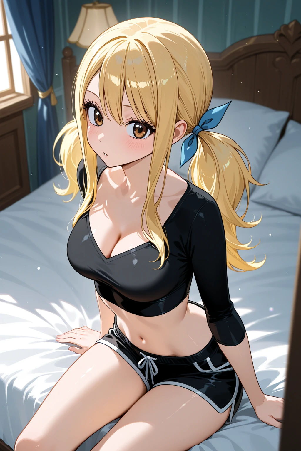 absurdos, high resolution, ultra-afiado, 8K, {obra de arte}, olhos expressivos, melhor qualidade, rosto perfeito, 1 garota, Sozinho, Lucy Heartfilia, cabelo longo, Cabelo loiro, olhos castanhos, Quarto, camisole, Calcinha branca, Standing, arms behind the head,