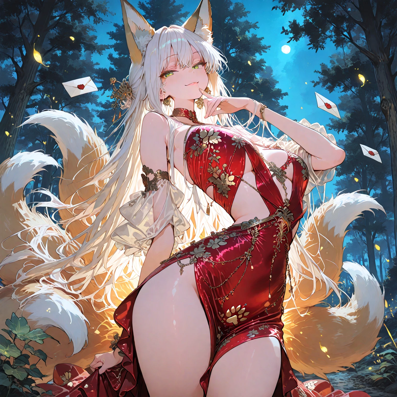 A woman with beige hair, hair with several fringes, short hair, red eyes, red kimono with gold details, exposed shoulder, large breasts, exposed thighs, wearing traditional gold Japanese jewelry, gold Japanese jewelry on her head, long black socks, ears kitsune, kitsune tail, multi-tail, female slipper, in a Japanese garden,very detailed, masterpiece, high quality, ultra resolution, 4k hd