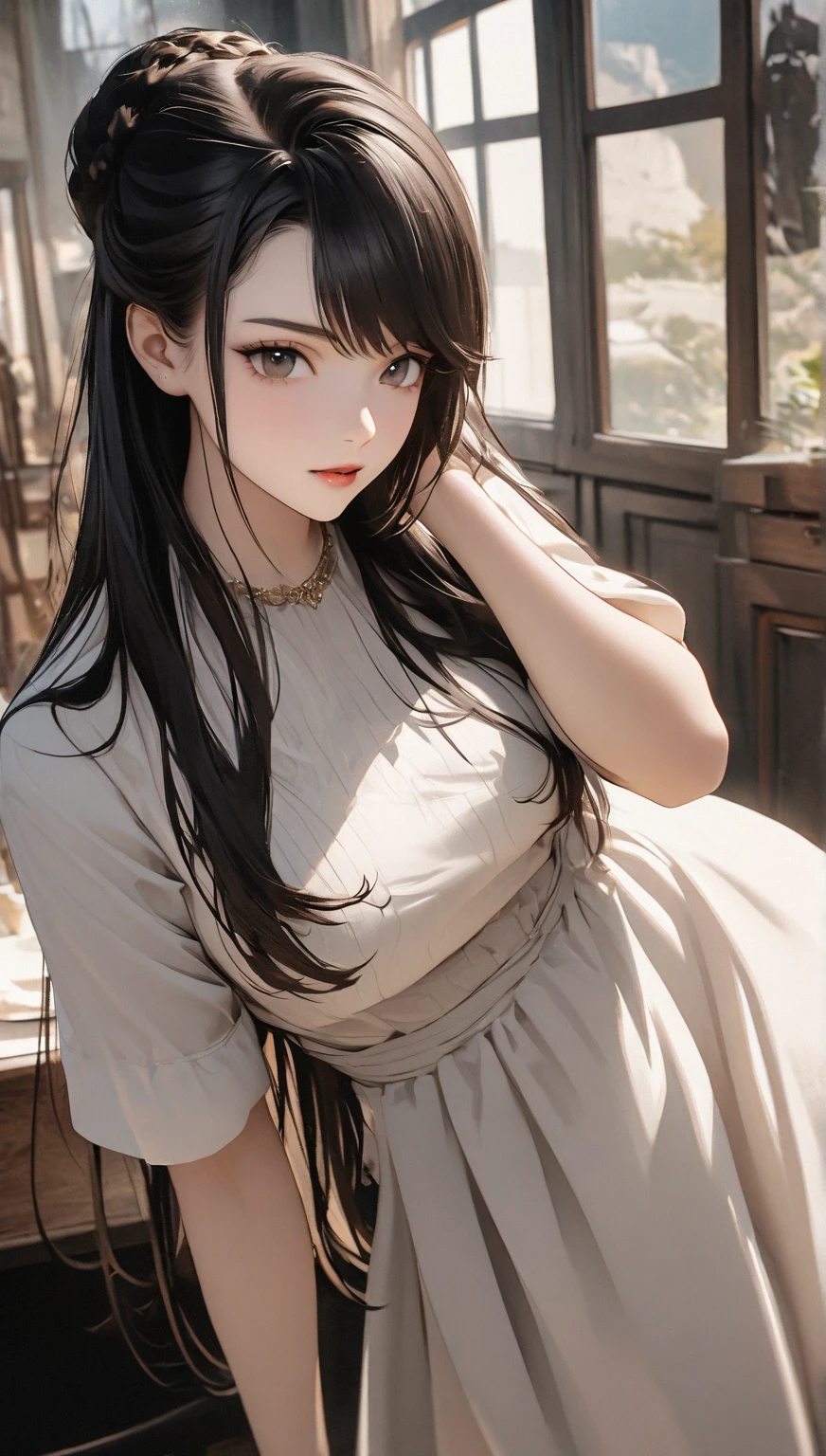 (1girl,8-year-old ,beautiful long-haired,beautiful eyes,brown skin,,,,,,,,semi-nude,first round,evil look,,hair over one eye,,,),,Too much exposed skin,Shirtlift,,,(cute:1.5),,,(masterpiece, highest quality, Super detailed, focus on character),,,,back,butt,at night,full moon,bed,See-through camisole,panties,Sitting,big body pillow,,,,,,leaning forward,cuteポーズ,,Nape of neck,