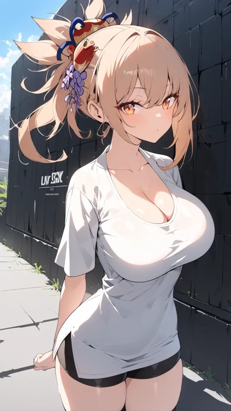 (highest quality, High resolution, perfect pixel, Depth of bounds written, 4K), (high angle:1.5), (upper body:1.2), detailed eyes, (1 girl), perfect body, medium breasts, blond hair, (side ponytail), (white t-shirt lift:1.5), (show off bra:1.2), (v-neck), (black suspender skirt), necklace, (kneehighs), bellybutton, (sitting), open legs, (arms up), blush, surprised, open mouth, wet,