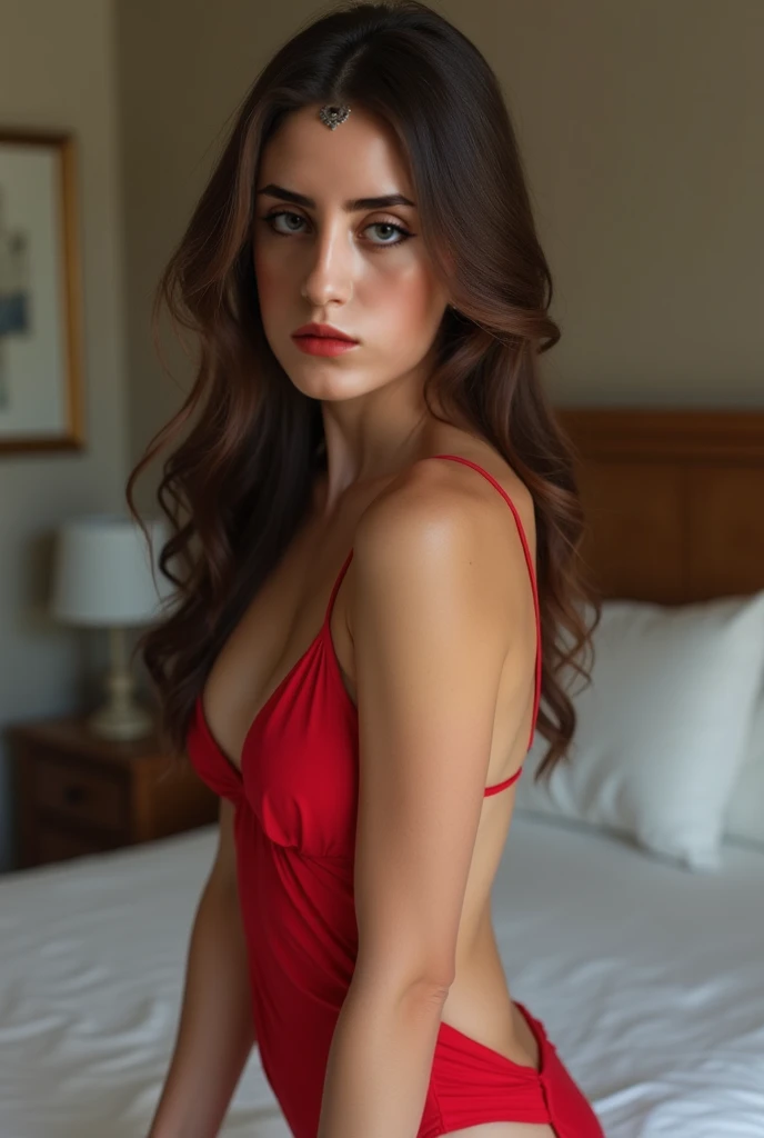 photograph of a brunette girl , brown eyes, , 20 years old, beautiful, cleavage, wonderful,  wearing a tiny red dress ,at night, detailed background, revealing outfit, Instagram pattern pose, confident, slim girl, very high resolution, gorgeous body, Beautiful, photo taken with dslr nikon 700d, professional photoshoot , high quality, side view