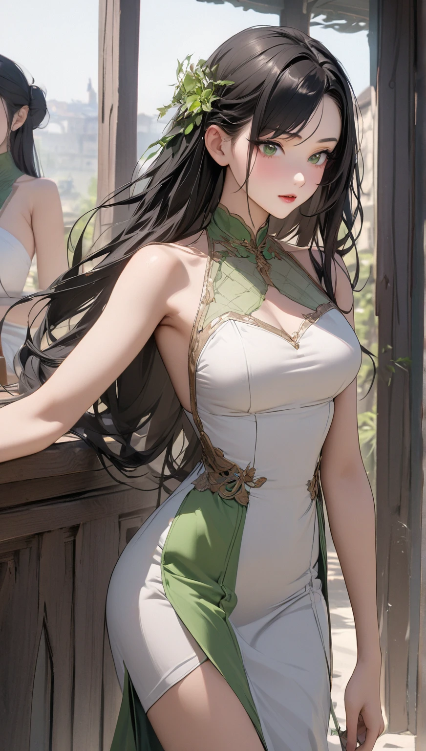 17-year-old 1girl with a graceful presence. She has long, flowing ebony hair that cascades down her back, often adorned with a delicate floral hairpin. Her eyes are a deep shade of emerald green, reflecting both wisdom and a hint of mystery.