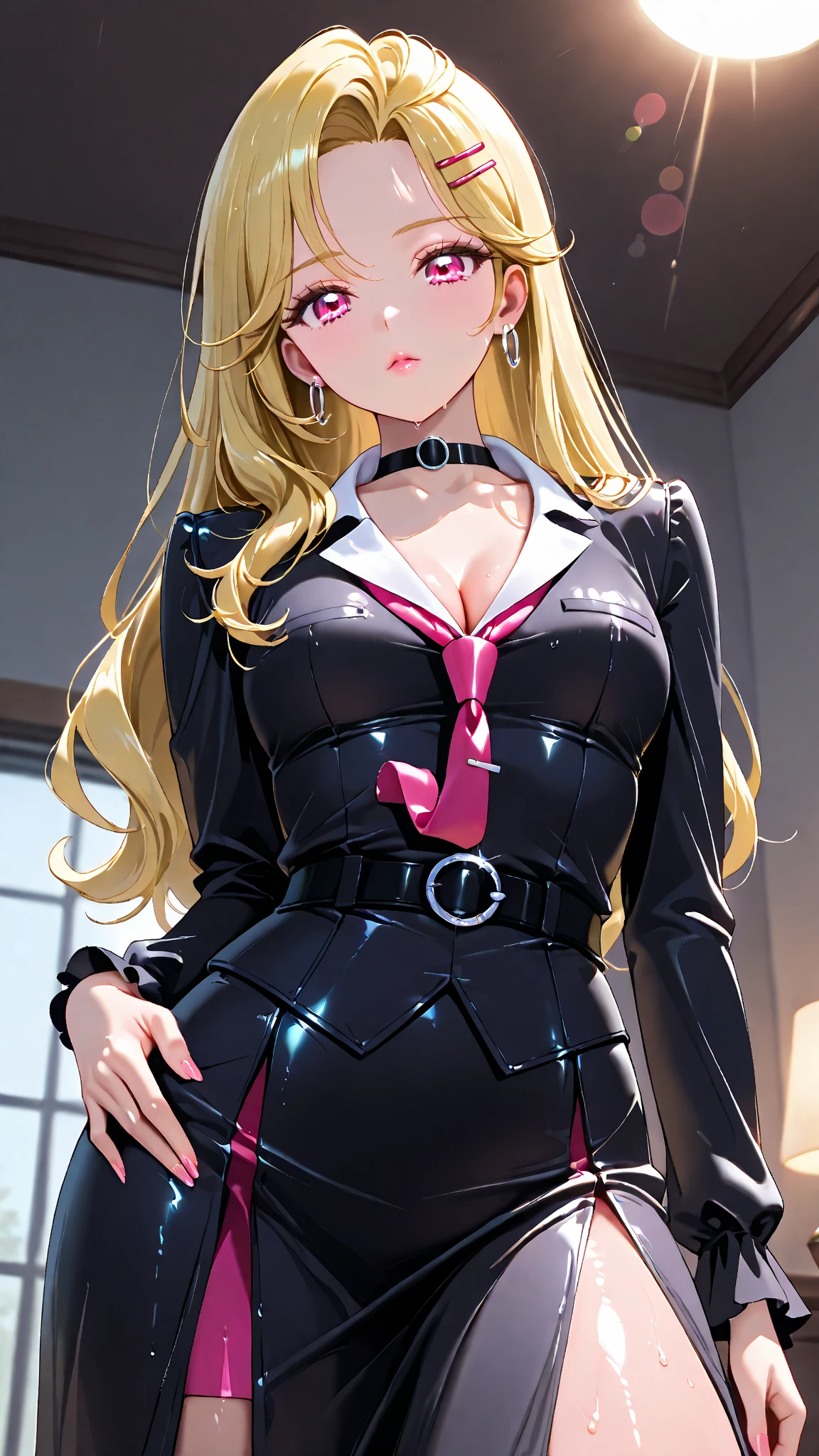 masterpiece, best quality, highres, high_definition, very long hair, a hotel, 1girl, solo, a woman in a sexy dress, sexy pose, blush, little smile, bangs, hair_between_eyes, purple eyes, blond hair, ponytail, big_breasts, sexy, seductive pose, sexy pose, very long hair, arm behind head, jacket, black dress, sheath dress, black jacket, 