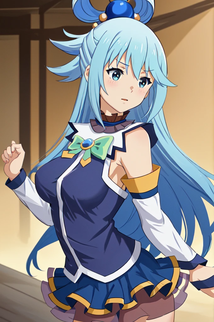 (masterpiece, best quality:1.2), expressive eyes, perfect face, highres, 1girl, solo, aaaqua, long hair, blue hair, hair rings, hair ornament, choker, bare shoulders, green bow, blue shirt, detached sleeves, blue skirt, thighhighs, happy smiling, standing, upper body, portrait, looking at the viewer,curvy,,oily skin,shiny skin,most evil huge laugh,lipstick,sadistic smile,deep shaded face(eyes in shadow),singlebraid,smile worst,worst ridecule,most evil moukery,,onebraid,,two hands,five fingers,dark aura background,A face full of evil,most evil ridicule,,horor, Violence, , The Empowerment of Evil, monster,naughty face,seductive smile,evil smirk, hand on hip, ojou-sama pose,
