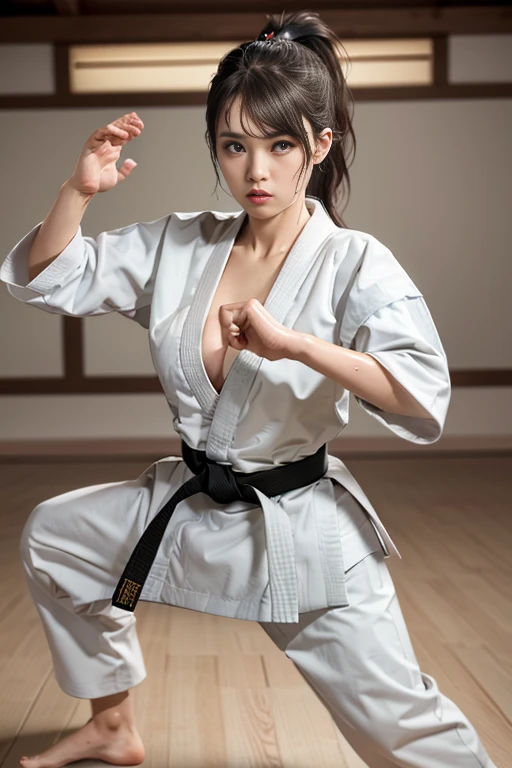 (((Karate clothes)))、karate uniform,((Ponytail with bangs))、(Female Karateka)、shiny skin、shy face、((Turn your face away))、((look sideways))、face is flushed、(Watery eye)、(((Karate Dojo)))、((delicate pictureasterpiece detailed RAW photos:1.25), (highest quality:1.6), (Super high resolution:1.5), (realistic:1.75), 8K resolution, Canon EOS R5, 50mm, absurd, super detailed,cinematic lighting、((Sporty panties are visible))、(((Half of my pants are off)))、karate fighting pose,(no bra),cleavage,(nipples slip),