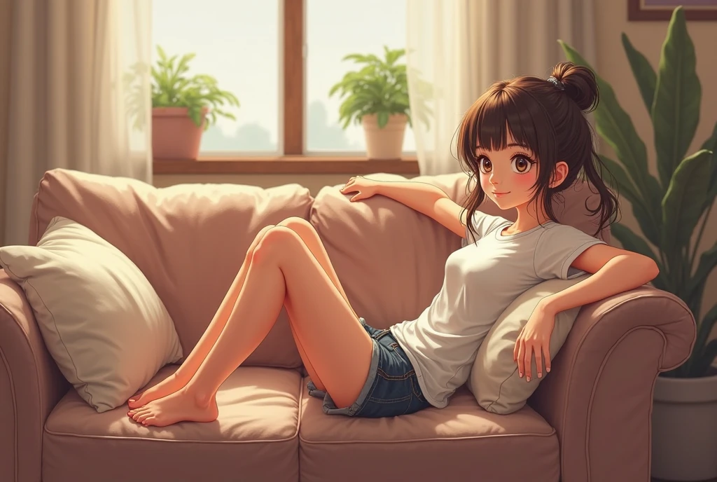 asian, young, girl, long black hair, white miniskirt, sit, sofa, living room