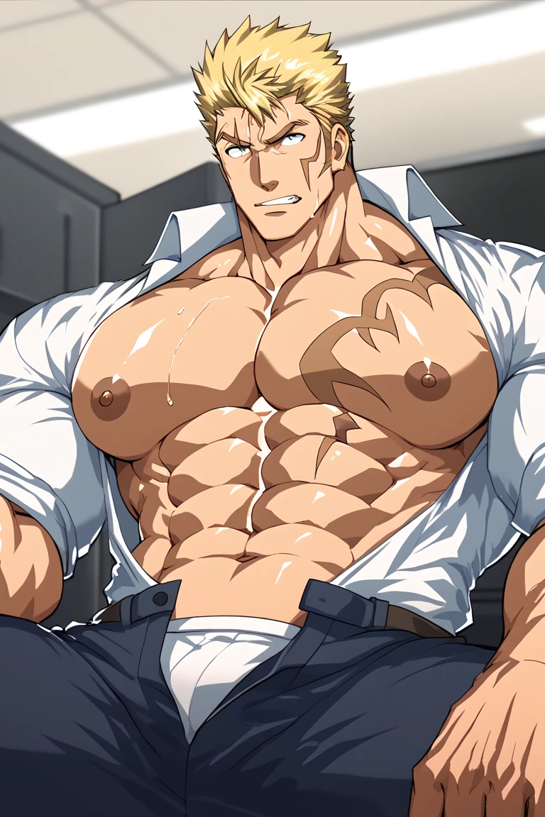 score_9, score_8_up, looking at viewer, cropped jacket, spreading legs, presenting pussy, ((presenting)), couch, indoors,  pussy,  vagina, ikuchan, ikarou, seras victoria, hellsing, huge breasts, blue eyes, messy hair, blonde hair, smirk, ((smirk)), seductive, seduce, ((licking lips)), hair over one eye, ((abs)), muscular, ((smirk)), fingering, ahegao, pussy juice, vaginal discharge, cumming, solo, masturbation