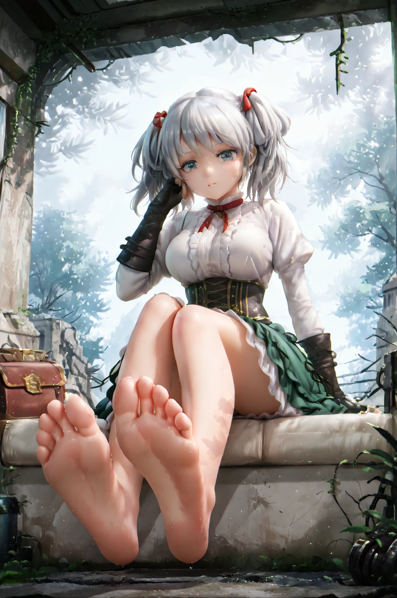 (miniature woman in front of the feet of a giantess: 1.1), (a miniature woman in front of a giantess),  closeup breasts and face, (from below view: 1.2), (medium sized breasts) cleavage, (short white hair with long bangs), (red eyes), (fluffy ears: 1.1), (tan or brown skin: 1.1), muscular,  cute girl, white hair, (medieval fantasy: 1.1), nipples, (fantasy outside: 1.1), (very low angle perspective: 1.2), (foot), barefoot, fields, sitting on ground, plains, (dirty martial art clothing: 1.2), (very skinny and anorexic: 1.1),