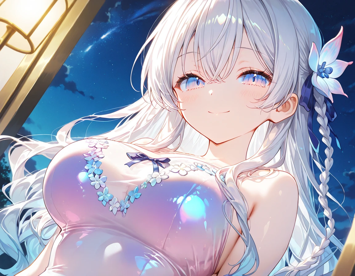 masterpiece, formal, mature woman, sticking out towards the viewer, Upper body, golden bodycon, micro dress, (fine eyes, perfect face, face focus:1.2), platinum-blue hair, (Shiny clothes that reflect light and are very wrinkled:1.2), (silver accessories), jewelry, (hoop earrings), necklace, belly button, hair ornaments, latex, glowing skin, glamorous perfect female proportions, fine surface texture, smile, blush, Bedroom, City of night