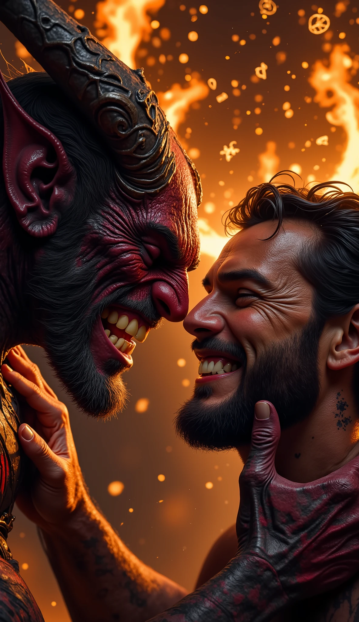 A hyper realistic, high detail close-up. Lucifer’s horned head bends low, his lips almost at his son’s ear. His hand grips the back of the man’s neck firmly. Lucifer’s mouth is half-open, whispering the final command: “Antes muerto que esclavo.” The son’s face is half-shadowed, eyes narrowed, mouth curved in a defiant grin. Behind them, burning symbols hover in the air like a crown of runes. Camera: intimate close-up, slightly over the son’s shoulder, focusing on Lucifer’s snarl and the son’s resolve.