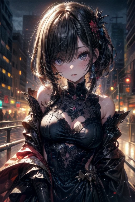 ((masterpiece)),(bestquality),((ultra-detailed)), ((beautiful detailed sky)), ((cinematic lighting)), depth of field, (dynamic angle),detailed lighting,(beautiful detailed eyes), ((night city view)),red lip, eyeshadow,large breast, ((sexy)), cleavage, navel, ningguangdef, ningguangrnd