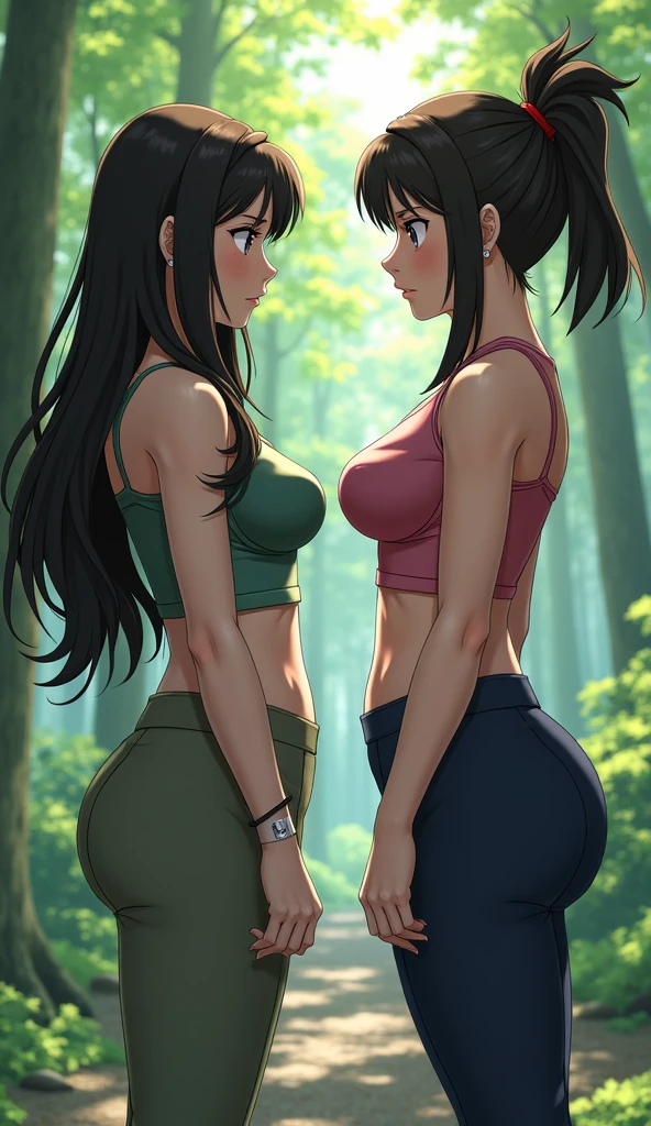 8yk, raw photo, high level of detail, (ray tracing), (masterpiece), (best quality), high resolution, (1 girl), (realistic: 1.4), extremely detailed, physically based representation, black hair, two braids, collarbone, navel, round breasts, thin, ultrarealistic, full body, (sweaty: 1.6), (kneeling: 1.4), natural light, (groin: 1.7), (inguinal tendon: 1.5), (heavy sweating :1.5), crop top, arms behind the back, shy, cleft venus, ((looking at the viewer) ), linea Alba, Obliques, Buruma, Cameltoe, Shamrock, Microshorts,