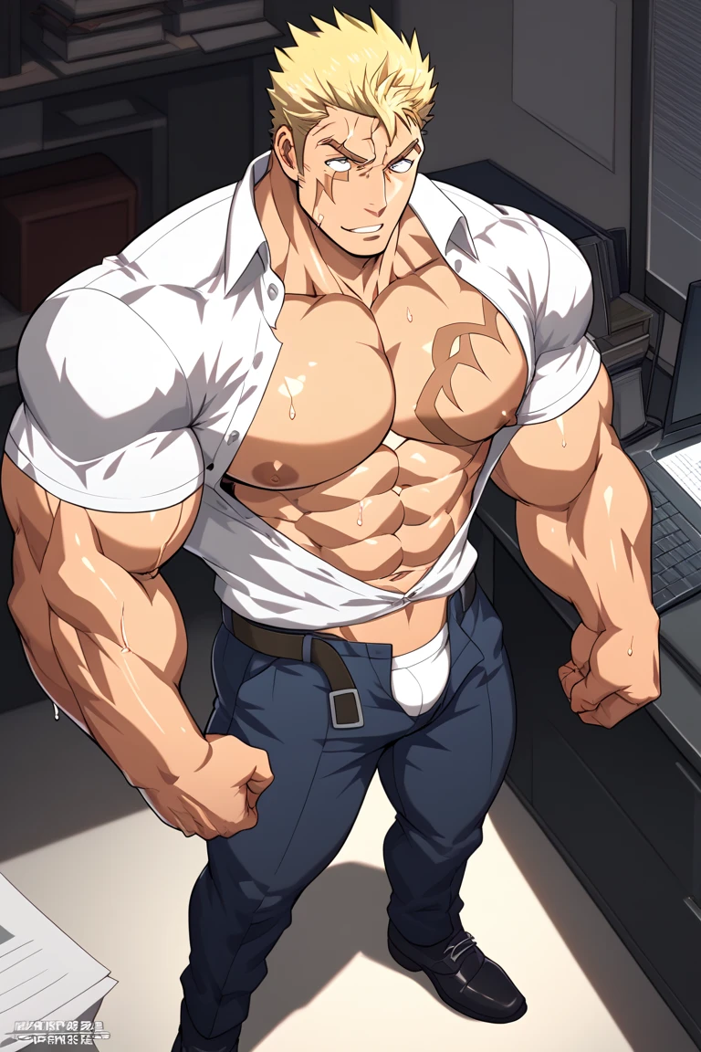 Katsuki Bakugo from Boku No Hero Academia, wearing black pants, bodybuilder, defined body, shirtless, abs, big legs, white empty room