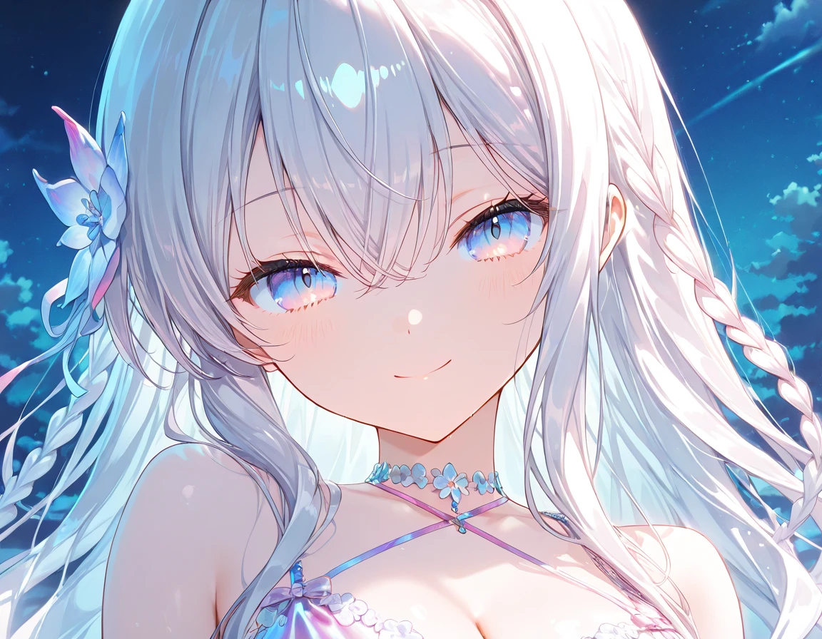 1 Girl, White fluffy bikini, (((Wet))), White Room, Cinema Lighting, Hot room, Beautiful long neck, choker,relax, Raise your knees:1.5, Sleepy milky face, White micro bikini, Beautiful long thighs, Pale skin, beautiful thin face、Daytime , Detailed Hair, (Beautiful big round eyes), (The extremely complex pupil in the eye, Shining Eyes), Long eyelashes, double eyelid, Lips parted, cute, cute, ( Flat Chest), thin, (Very delicate and beautiful skin), Very detailed costume, Perfect ???????, Dynamic Angle, break (masterpiece, Highest quality), (Ultra high definition 8K), (Perfect design), Absurd, High resolution, ((blush)), (Ultra-fine illustrations), ((light blue Long Hair))), 10 years old, Long Hair ((blush)), masterpiece, Highest quality, (wonderful, Beautiful details, Blunt bangs),、(最High resolution、clear_image) Highest quality、(((Transparency)))、Light and shadow contrast、Simple Background、((Soaring blue petals))、((Enlighten))、Very detailed、Semi-realistic、((Compensate)),Braided Hairstyles、Expressionless、((White shirt))、((View from above))、Delicate facial features、Facial Features、Just like the whole body、