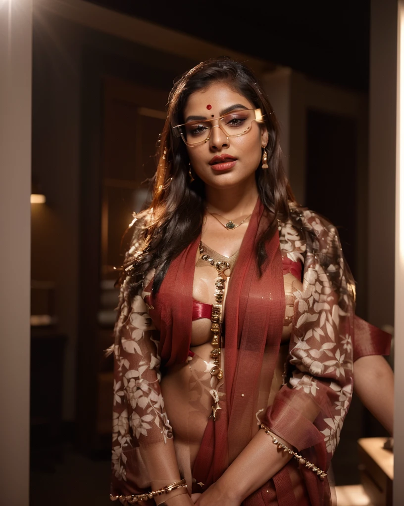 A stunning single woman on Instagram, a sexy Indian woman poses, her radiant beauty captivates the viewer. She wears traditional, richly decorated Indian clothes whose intricate patterns and textures highlight her cultural heritage. Her piercing eyes shine with independence. photorealistic, only one woman in the photo, random facial appearance, sexy glasses