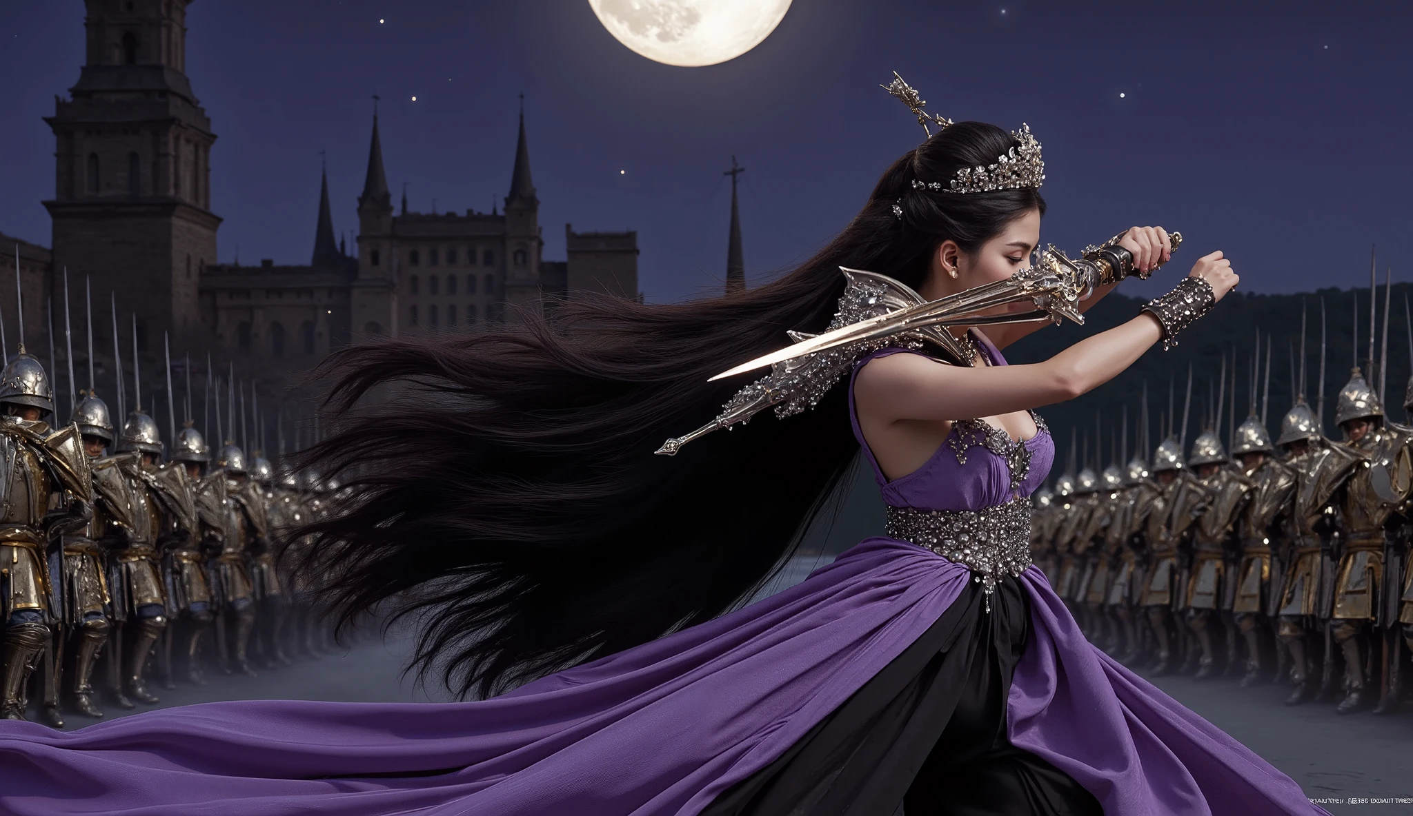 A Japanese woman is sticking a sword on the ground, The composition is her whole body, She is wearing a fantasy armor over her dress, She is wearing a Takebe Motoichiroh style sexy dress, The dress color is purple, The dress has bare shoulder, She is wearing a tiara, The woman has long black hair, 高精度, 超精密ディティール, SDXL, The background is a moonlit night, Behind her are many armored knights lined up, The setting is an European style old stone castle.