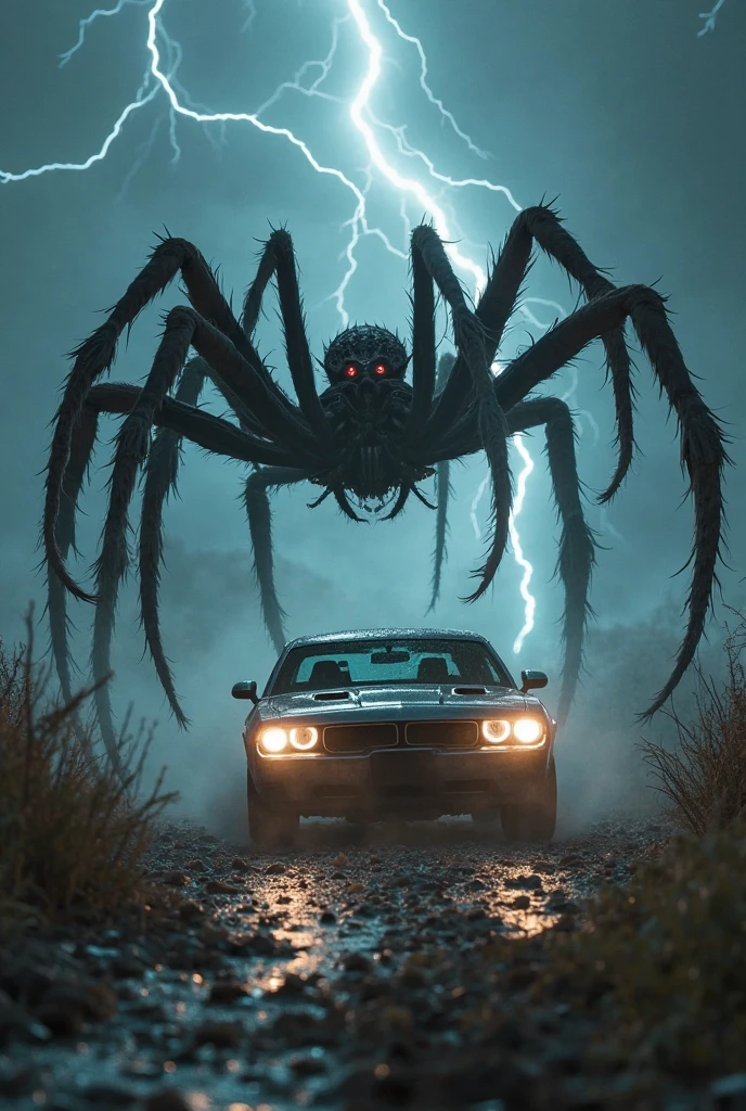 "A highly realistic and intense scene set in a dark, abandoned city street. A car is surrounded by several giant spiders with long, hairy legs and glowing red eyes. The spiders are aggressively jumping onto the car, denting the roof and windows. Inside the car, a group of terrified people are panicking, their faces showing sheer horror as they try to escape the situation. The city's buildings loom ominously in the background, with streetlights casting eerie shadows, and spider webs draped over the buildings and street, creating a sense of terror and impending doom."