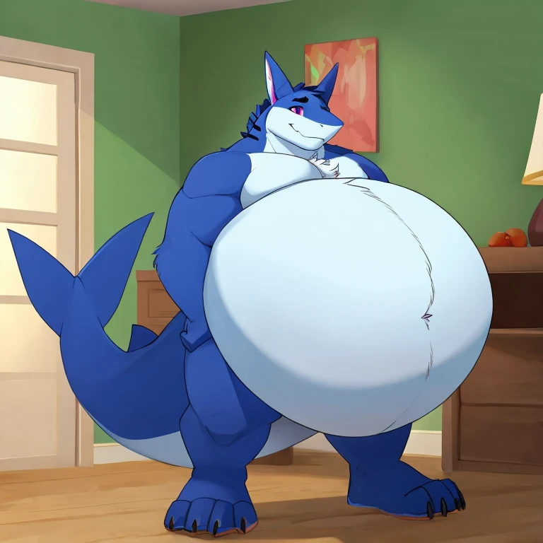 Male, solo, anthro ((Shirou_ogami)), (BNA), blue wolf, white chest fur,  older male, relaxed expression, smirk, blue fur, black collar, living room, naked, masturbate, masturbation, massive penis, dick, cock, erection, (fully-erect), cum, cum string, hand grabbing penis, masturbation, framed pictures in background, guitar in background, lazy, slob, retired, detailed lighting, brown chest tuft, ruffled fur, musclegut, belly, (overweight:2.5), sitting on couch, pizza, food, snacks, food on floor, wrappers on floor, garbage, focus on belly, weight gain, muscular arms, attractive, body hair, (detailed genitals), (hairy chest), facial hair, scruff, (detailed genital outline), snout, long snout, teeth, perfect eyes, mature male, father figure, dilf, daddy, fangs, wide waist, broad shoulders, strong thighs, canine teeth, white teeth, detailed hands, massive cock, penis, detailed crotch, dramatic lighting, shading 