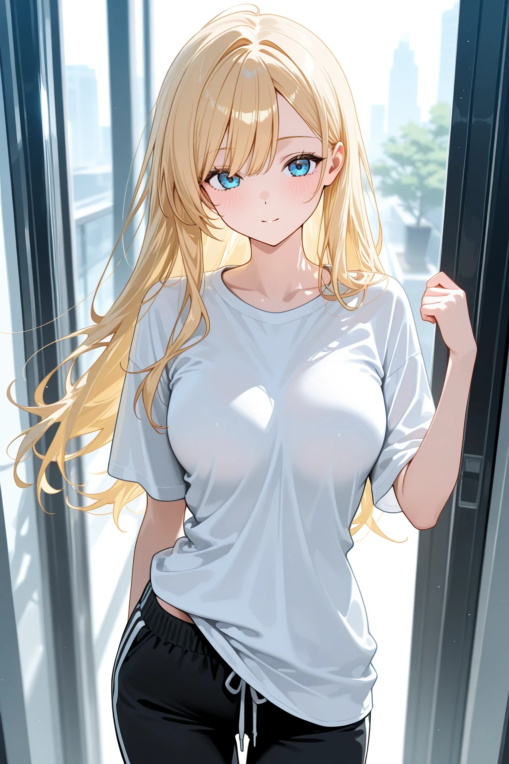 1girl, 18years old,blonde hair, one length hair, blue eyes, shirt, skirt, room, masterpiece, best quality, absurdres, cowboy shot, airbrush art style, smooth gradients, soft edges, fine mist effect, seamless color transitions, subtle shading, ethereal glow, metallic sheen, high gloss finish, hyper-realistic details, vivid colors, spray paint texture, slight overspray, stencil-like precision, futuristic feel, automotive paint quality, slight speckling effect