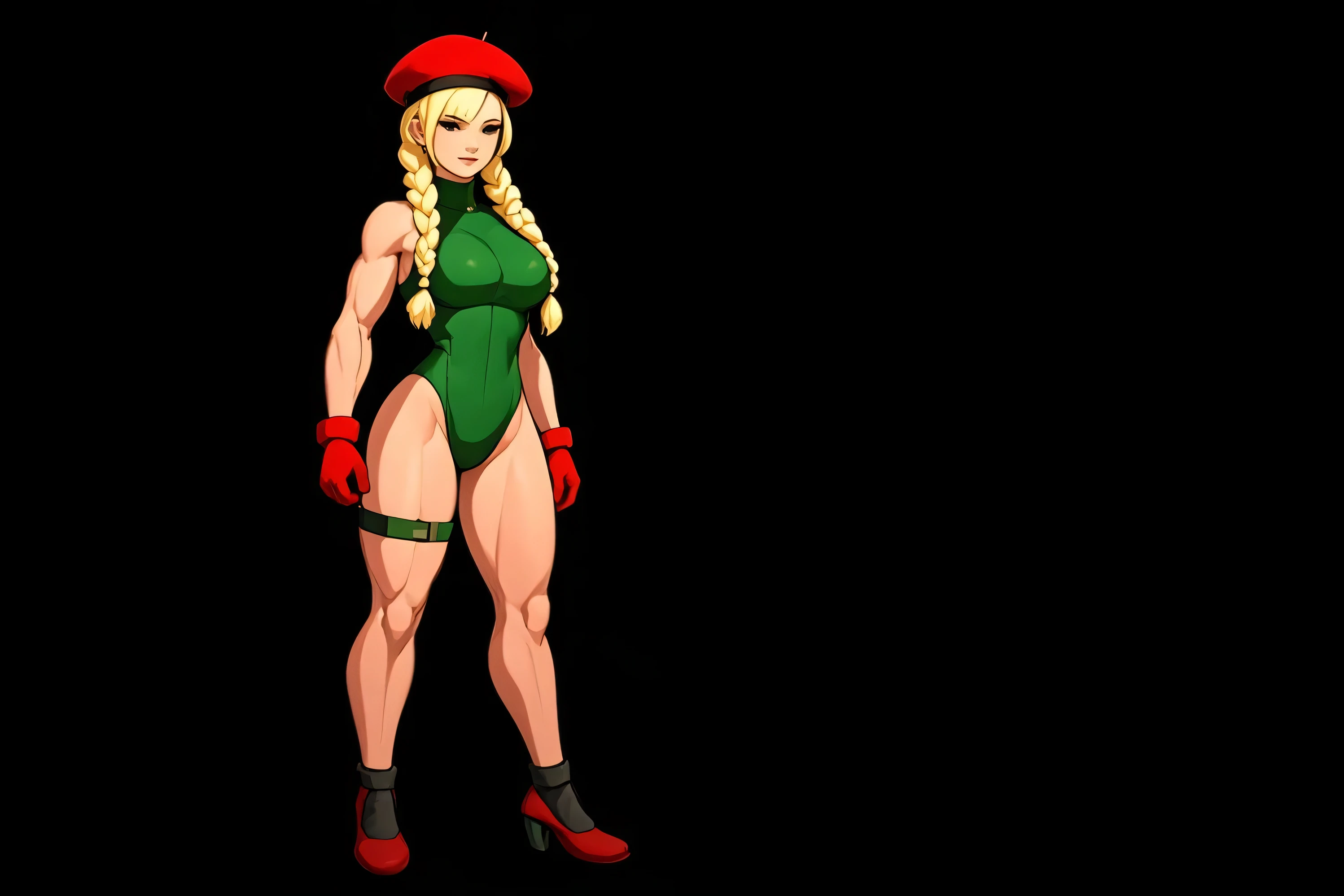 (Shadman art:1.2),((masterpiece)),(((best quality))),((character design sheet)), concept, poses, masterpiece, best quality, highres, 1girl, cammy white, twin braids, long hair, blonde hair, antenna hair, beret, military gear, (red headwear:1.3), blue eyes, scar on cheek, green leotard, large breasts, sleeveless, red gloves, fingerless gloves, camouflage, cowboy shot, standing, outdoors, arms at sides, straight-on, blank background ,chara-sheet