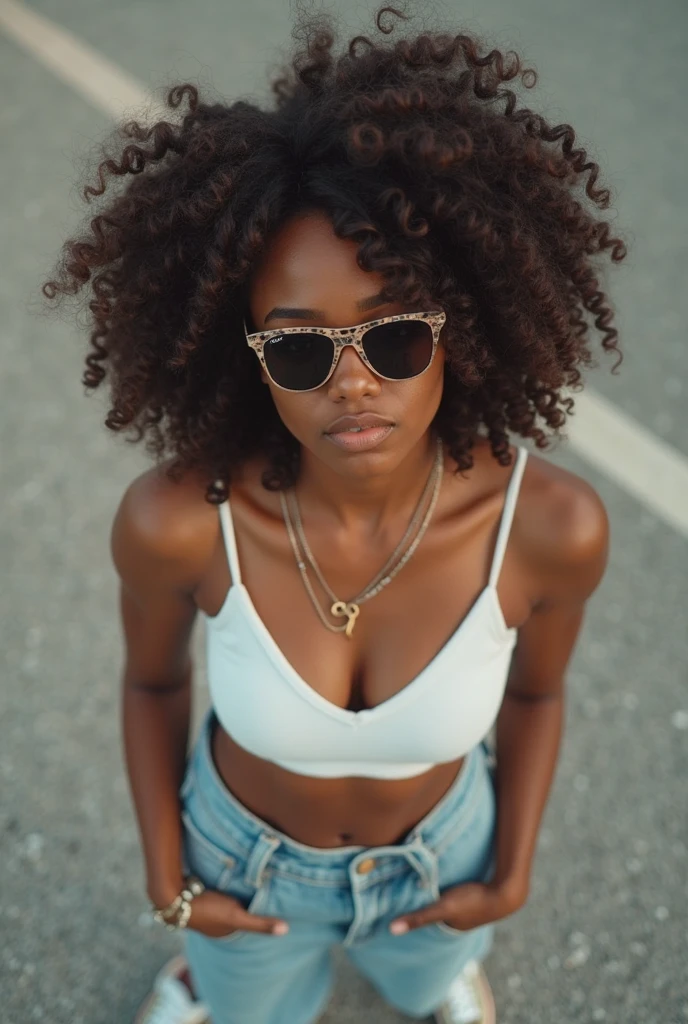 a beautiful black girl, with curly hair, hot, full breasts, full lips, wearing sunglasses, short shorts, and a low-cut top shirt, is posing next to a speaker.