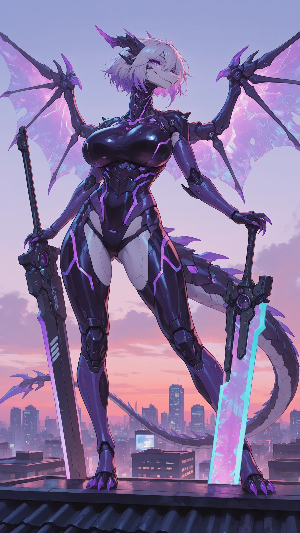 Cyberpunk city,Outdoors,On the roof,Evening,A Bionic Black Dragon Female(Furry),Seductive smile,Huge oppai,Wearing a Purple Knight Armor(Full-body),Both Hands Holding A bionic great sword,Standing position(Spreading legs),Purple bionic dragon wings, UHD, masterpiece, anatomically correct, textured skin, super detail, best quality, highres, 16k, 1080P,Cowboy shot,Upper Focus,(Look at the viewer)