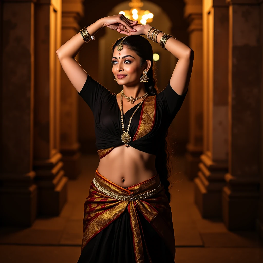 A indian woman, curvy, large waist, dancing, doing a thumka, wearing south indian black saree, back view, hip shake