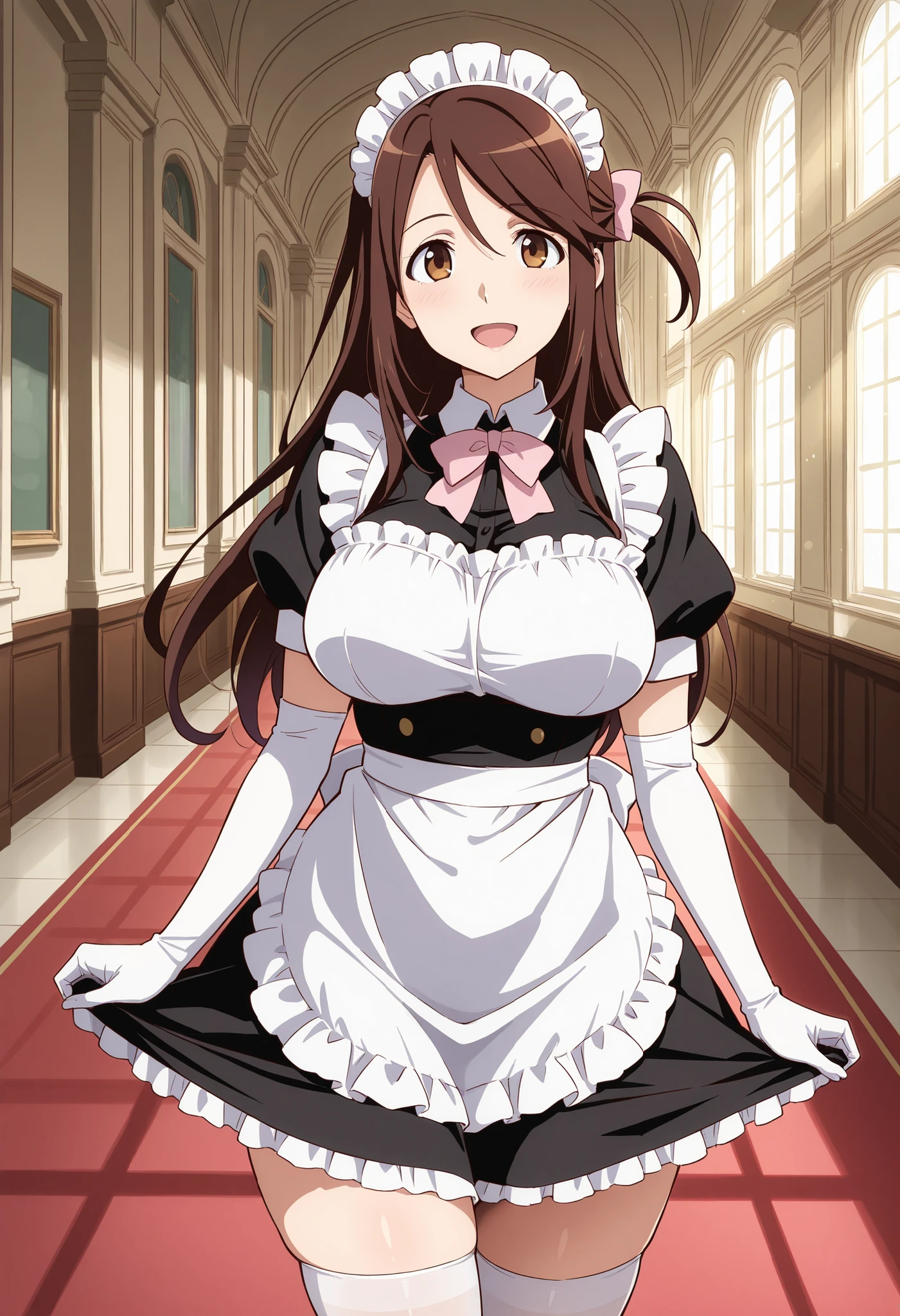 Score_9, score_8_up, score_7_up, source_anime, iida nana, solo, brown hair, long hair, one side up, hair bow, pink bow, brown eyes, large breasts, wide hips, mature female, (best quality), (high quality), {masterpiece}, extremely delicate and beautiful, ultra-detailed, beautiful detailed eyes, maid, black maid costume, short sleeves, puffy sleeves, white headdress, white frilled apron, white elbow gloves, white thighhighs, mansion, indoor, smile, open mouth, standing