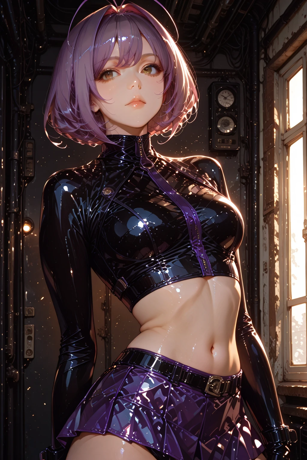 (masterpiece、highest quality、Highest Resolution、Clear_image、Detailed details、Angle from above): (Whole body、One 20 year old girl、Japanese Faces、Small Face、Slender、Navy pink super short bob cut hair、Sparkling pink eyes、Shiny pilot suit in pink and black colors、Tight fitting clothes