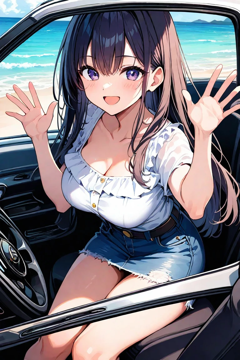 She is folding up her white floral parasol as she gets into a black taxi.　Under the scorching midsummer sun　A blue and white dress with a neat lace pattern　hair ornaments　Light Brown Hair　Straight Hair　Earrings　Attractive nail art　Feminine summer sandals　barefoot　nice smile　Ultra-high resolution, Mature Woman, Mature Woman, Professional, Vibrant colors, Perfect Anatomy, ideal facial features, 理想的なProfessionalポーションの図, Perfectly beautiful body, Highly detailed skin, Glowing Skin, Glowing Skin, Glamour, Soft and curvy, clavicle, Beautiful D-cup imitation, Captivating smile　30-year-old widow