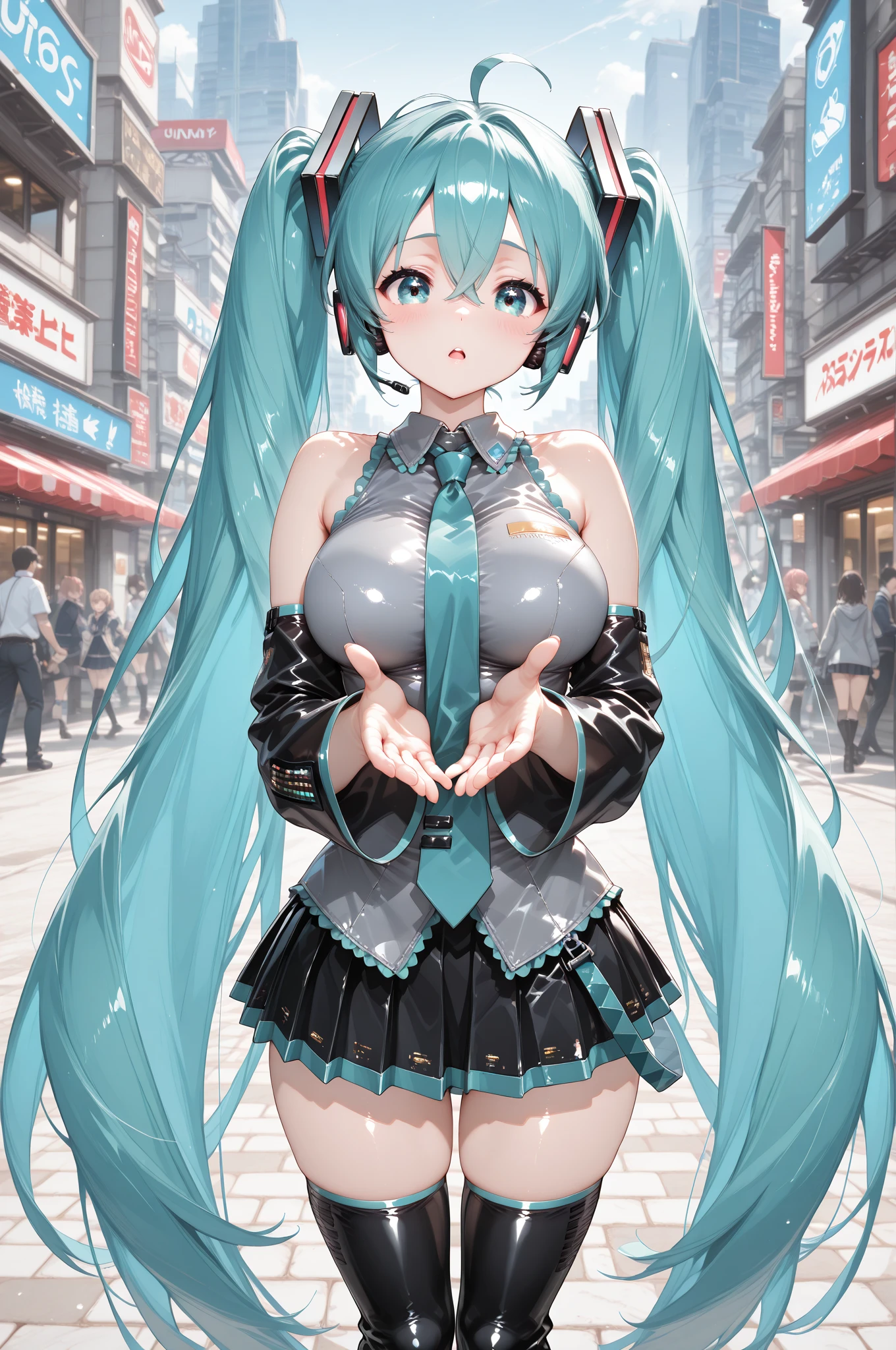 Super detailed, NSFW, masterpiece, High resolution, Photorealistic digital art, perfect lighting, (((1 girl, perfect anatomy))), accurate right hand, accurate left hand, five fingers, perfect style, hatsune miku, 3d face, big light blue-green eyes, glossy lips, blue-green long hair, shiny skin, smile, (((twin tails))), big square hair accessories, city, night, (((sexy white bodycon outfit))), open mouth smile, blush, sweaty, big breasts, Disco Stage, Dance with strides, View from below, Focus on the groin,