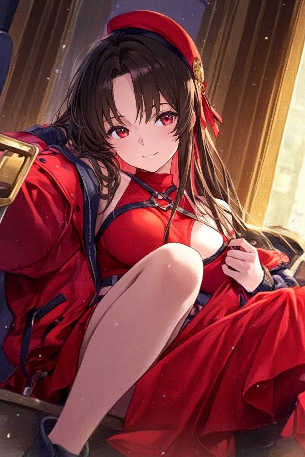 Highest quality, masterpiece, Ultra-high resolution, female、Big Breastighty Demon、noble、Cold、They took over the city.、Darkness attribute、accessories、Clothes that expose the belly button, back, and cleavage、Red Cape、Beauty