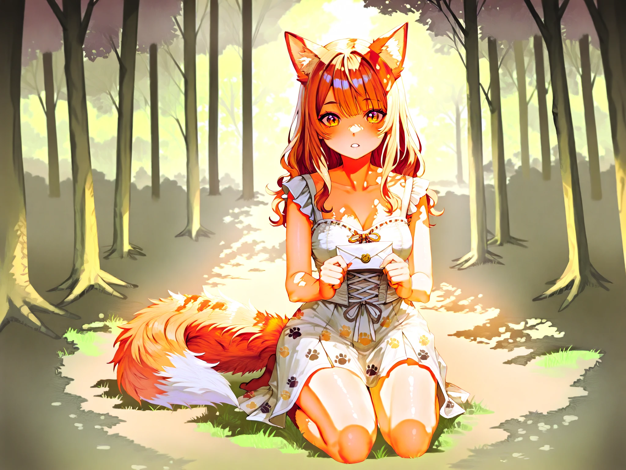 A catgirl kneels in a sun-dappled forest clearing, gently holding an opened letter sealed with a fox’s paw print. Her eyes glisten—caught between surprise and deep emotion. A silk ribbon lies forgotten at her side, and the air seems to pause around her, as if even the trees are listening to her heartbeat.