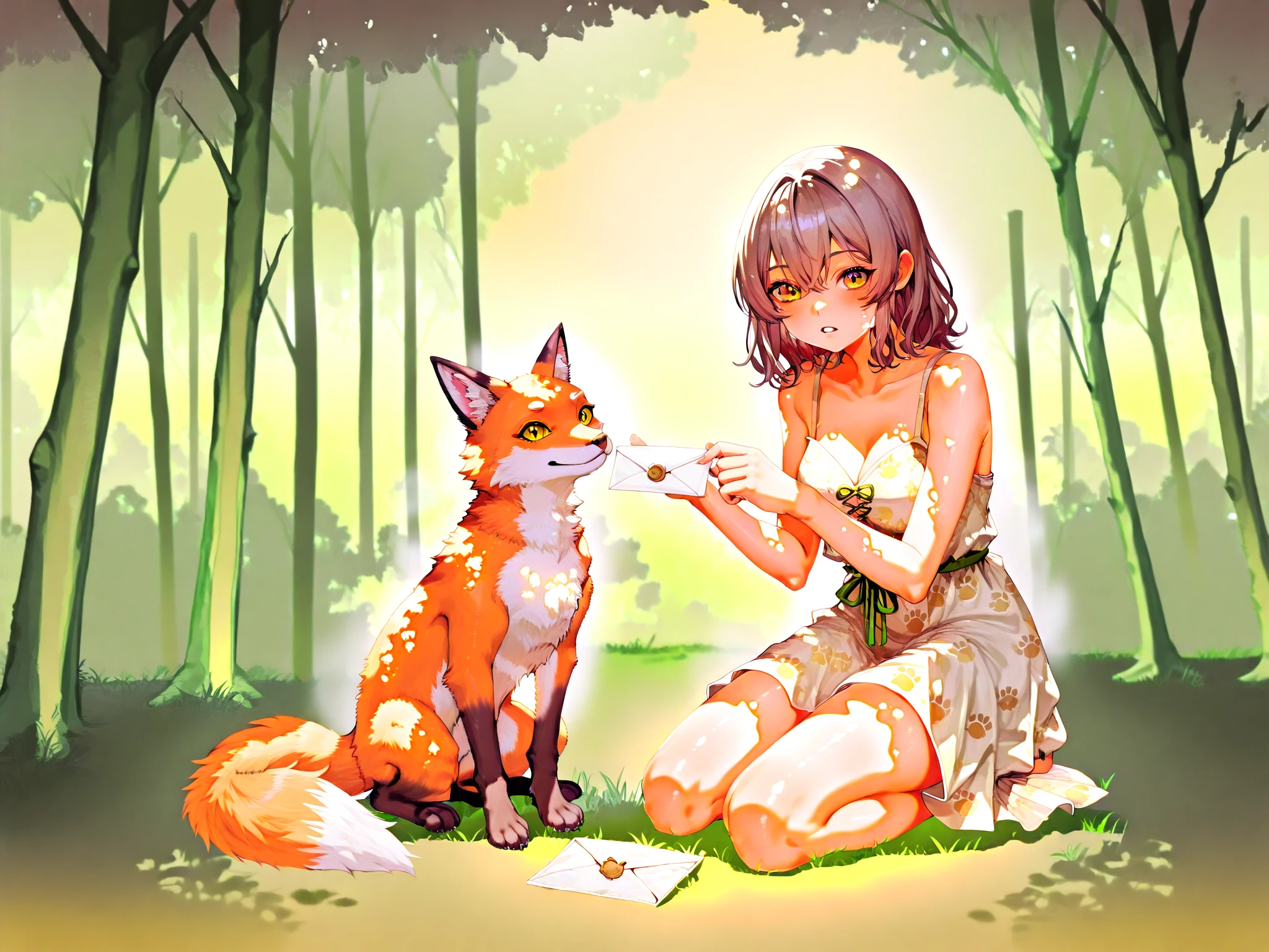 A catgirl kneels in a sun-dappled forest clearing, gently holding an opened letter sealed with a fox’s paw print. Her eyes glisten—caught between surprise and deep emotion. A silk ribbon lies forgotten at her side, and the air seems to pause around her, as if even the trees are listening to her heartbeat.