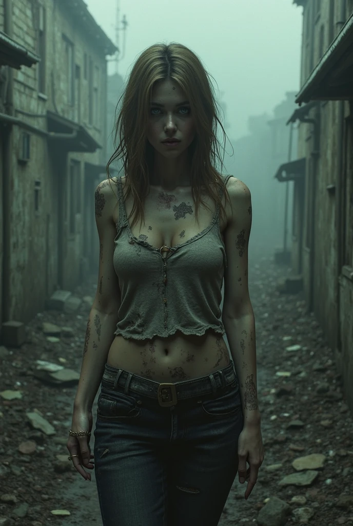 Dark background, hyper real photo of ((beautiful young russian woman inside a cluttered barn full of zombies wearing worn-out torn cotton croptop)), escapes from the pursuit of a scary zombie, abs, model posing, ((detailed realistic face and eyes)), cinematic lighting, 8k resolution, (modelshoot style), sunset, (from_below:1.4), soft small covered by (ripped torn cotton tanktop), natural breasts