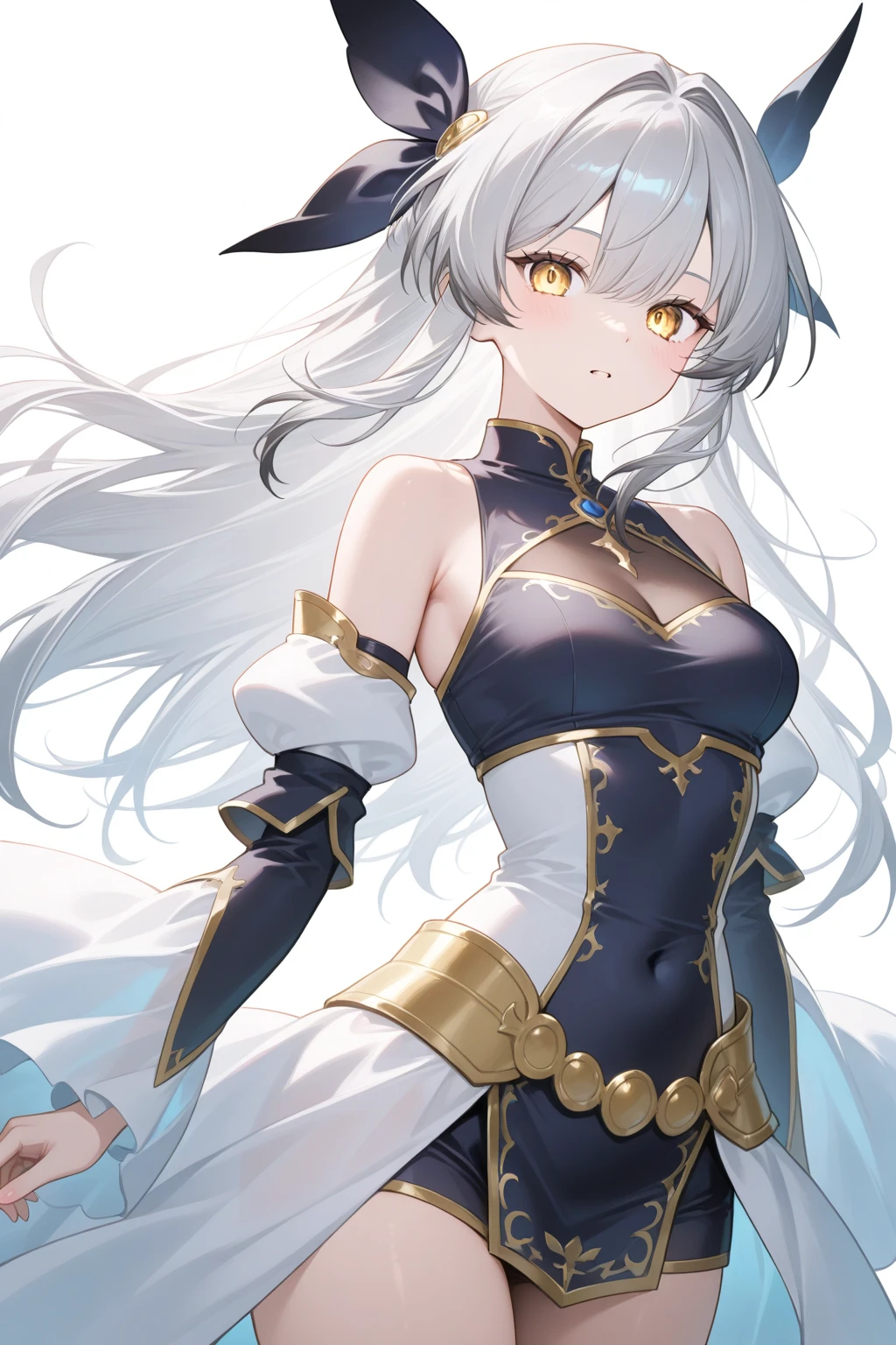 1girl, anime, cute girl, blank background, white background, fantasy, detailed fantasy dress with highlights, beautiful face, beautiful eyes, dark colors, black hair with multicolor streaks, red eye with different color pupil in eye, multicolor eye, medium small breasts (slightly big), slight cleavage, beautiful skin, cute, breast curtains, extremely delicate and beautiful, (beautiful detailed face:1.0), (detailed deep eyes), symmetrical breasts, deep eyes, shiny skin, portrait, slender waist, hips wider than shoulders, thighs, expressionless, young girl, luminous eyes, adorable,(Kpop idol),(aegyo sal:1),(Platinum blonde hair:1),((puffy eye)),Black panty,sexy posture,Superskirt, Ultra-high resolution,Black collar,slim figure, Abdominal y tattoo, womb tattoo,Tight-fitting leg ring,y tattoo on half-body,Bare skin, Armored hand,Hidden fingertips,Hand covered,Arm covered,Fist covered,{{beautiful detailed fingers}}, tufts of hair, moderate beautiful breast:1.0,(masterpiece:1.2), best quality, high-res, HDR, perfect face, intricate armor, delicate blue filigree, intricate filigree, red metalic parts, detailed part, dynamic pose, dynamic lights, cute face, neutral expression