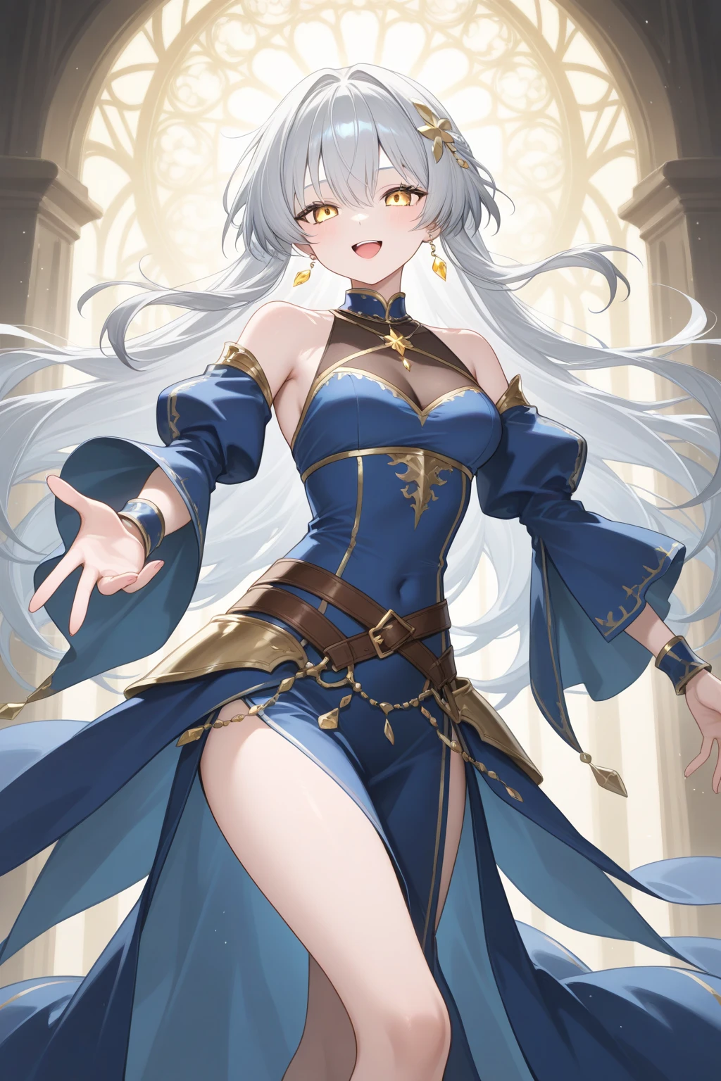 Sentinel of Heaven,Elegant and charming,charm,in love,(Fantasy world transparent white dress),black gloves,silver hair,Smile,blue eyes,Intricately designed clothes,Lots of composite armor,gem,carving,Exotic decoration,Exquisite hair accessories,Transparent lace,Sky blue pattern,light stripes,dress nicely,indoor,night,Carved suspender boots,Super super details,holy mist,light particles,Exquisite and beautiful eyes and face