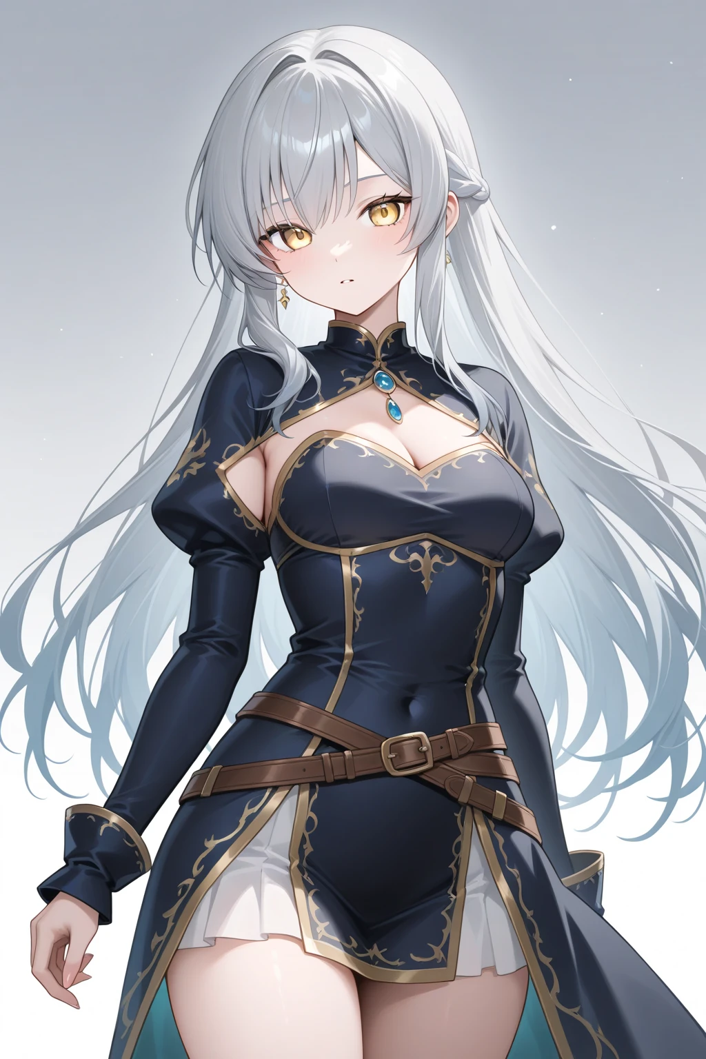 1girl, anime, cute girl, blank background, white background, fantasy, detailed dark fantasy dress with highlights, beautiful face, beautiful eyes, dark colors, silver hair, slightly small breasts, slight cleavage, beautiful skin, cute, breast curtains, extremely delicate and beautiful, (beautiful detailed face:1.0), (detailed deep eyes), symmetrical breasts, deep eyes, shiny skin, portrait, slender waist, hips wider than shoulders, thighs, young girl, expressionless, luminous eyes