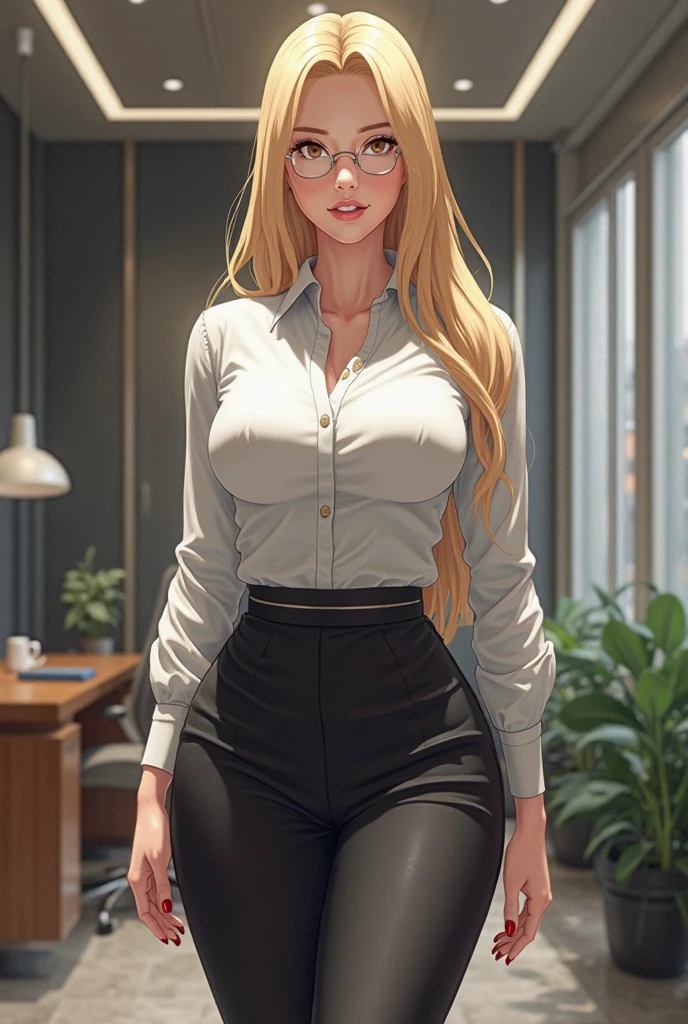 Masterpiece, best quality, high resolution,setting of a nice neighborhood street with trees,Lady around 40 years old, long straight wavy blonde hair, white skin, freckles, glasses, sharp features, blue eyes, pretty, slightly long upturned nose,red lipstick,bruise on her left cheek, an eye injured by a blow,Closed soft smile, thicc voluptuous body, hourglass figure, very big breasts, curved waist, flat abdomen, thick thighs, big ass,Long legs, red nails,Beige long-sleeved blouse, high neckline, gray knee-length skirt, black closed-heeled shoes,Hands positioned one on top of the other on her abdomen,Looking ahead, soft morning light,