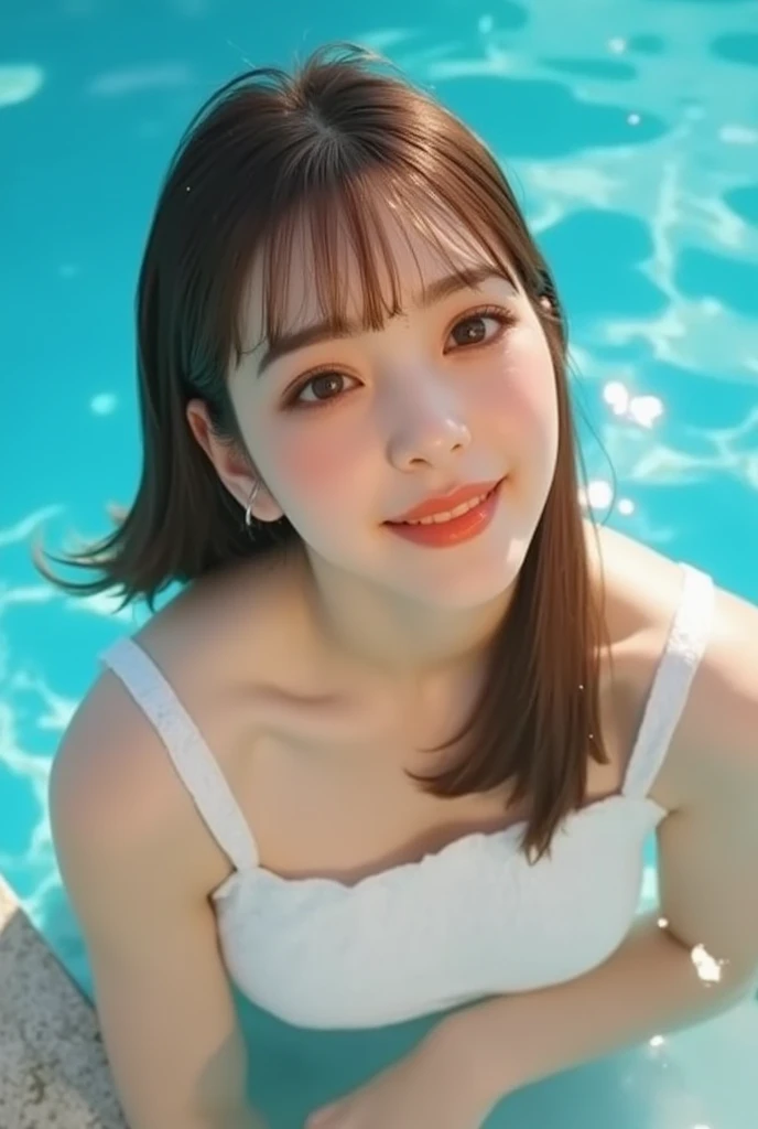 Wet Hair, Laughter, (8K, RAW Photos, Highest quality, masterpiece: 1.2), masterpiece,short hair、Cute Smile、(((Looking into the camera)))、(((Gazing at the audience)))、White Bikini、 super detailed, Ultra-high resolution, (Realistic and photorealistic photography: 1.37), High-quality RAW color photos, Very delicate and beautiful, very detailed, 8K壁紙, wonderful, detailed, very detailed目, very detailed肌, very thin fingers, hvery detailed nose, very detailed口, Perfect Anatomy, Upper Body, swimming, Translucency、Transparent Small Swimsuit、Nogizaka idol、Korean Idol、Burning idol pose,18-year-old、expensive、Cafe、restaurant、Italy、American、Australia, break ((Upturned eyes)),((Angle From above:1.3)),From above、Looking into the camera,
