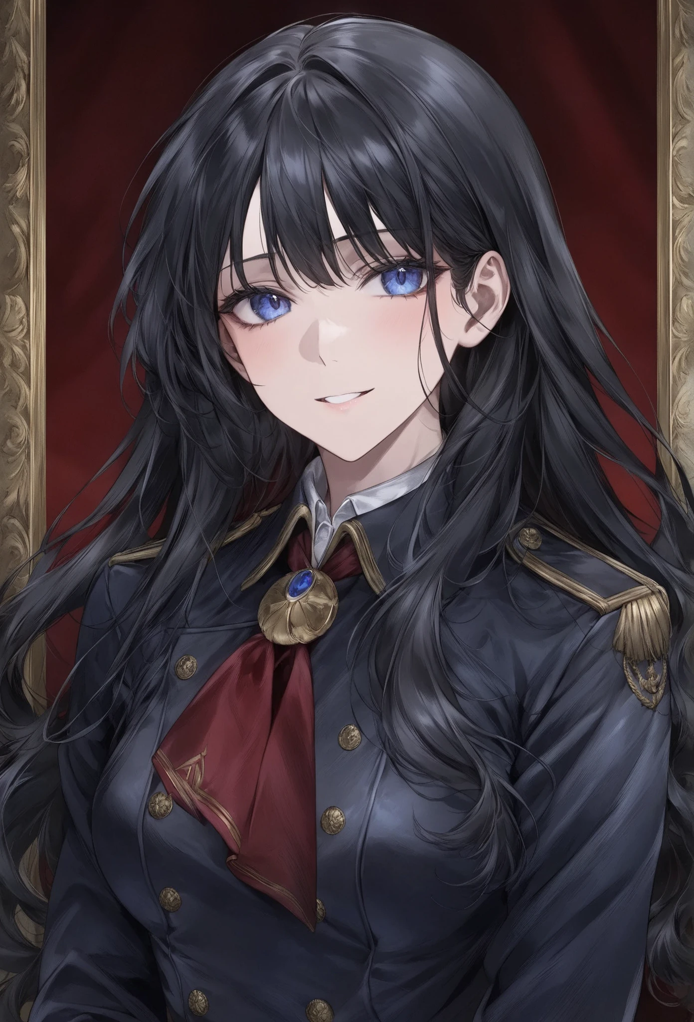 score_9, score_8_up, (masterpiece, top quality, best quality, official art, beautiful and aesthetic:1.2), (8k, best quality, masterpiece:1.2), (((masterpiece))), (((best quality))), (((extremely detailed))), illustration, (masterpiece, top quality, best quality, official art, beautiful and aesthetic:1.2), (8k, best quality, masterpiece:1.2), see-through, source_anime, 1girl, adult, ((dark hair)), dark hair, ((intimidant look)), ((close-up)), blue eyes, uniform, sexy, dark colors, brillant eyes, ((wavy hair)), perfect hands, ((intimidant look)), good anatomy, ((militar uniform)), emotionless, intimidant, ((beautiful eyes)), close up, ((detailed eyes)), beautiful eyes, ((detailed face)), arrogant smile, detailed face, full body, full body