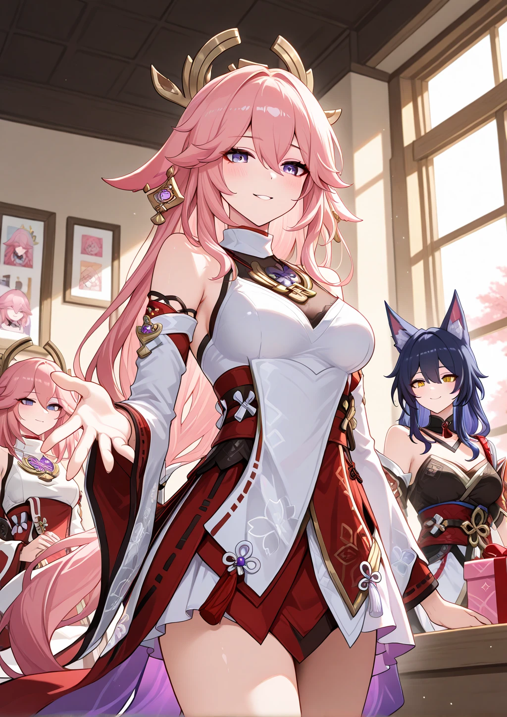 3 girls, A pocket dimension where three different worlds converge

(Three fox girls: Yae Miko from Genshin Impact, Fugue from Honkai Star Rail, Ahri from League of Legends), {I} am dating these three fox girls all at once, the three fox girls simultaneously confessing their feelings to {me}, (both their hands outstretched, holding out one gift EACH, packed in gift boxes, to {me}), smiling affectionately, blushing

Cafe background, indoors, vibrant atmosphere, sun rays shining in through the windows

fine details, masterpiece