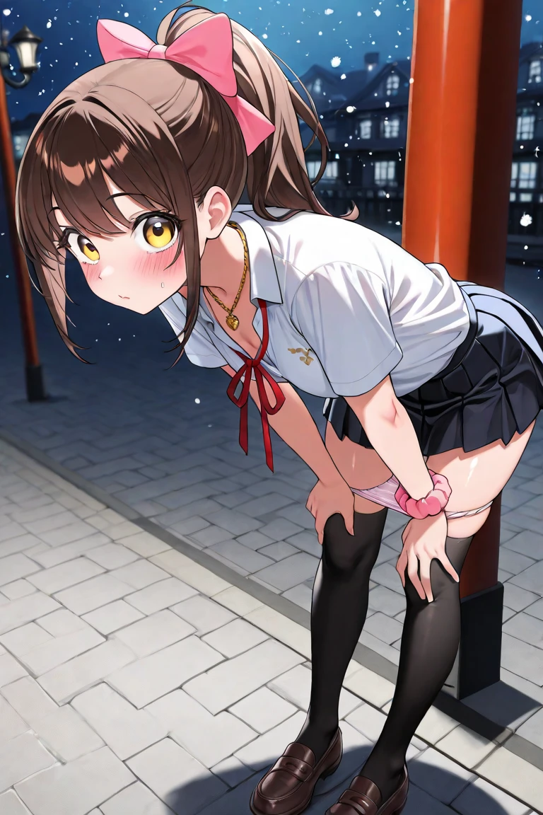 (NSFW:1.3), realistic, photo realistic:1.2), ((highest quality)), move the center of gravity backwards, pretty embarrassing, nadeko01, medium hair, brown hair, brown eyes, bangs, blunt bangs, (School swimsuit:1.2) Tiny breasts, (squat:1.4), put the heel on the ground, spread legs, squat with your knees up, Attach your ass to the ground, beautiful face details, real human skin, gentle expression, Front view, angle from below, realistic, photorealistic, cute, squat deep on ground, Japanese Shrines, whole body, Smile, natural smile, charming smile, enchanting smile, Constraints, (Vaginal with white snakes inserted:1.4), looking at the viewer:1.2), From before, from below, (wind:1.1)