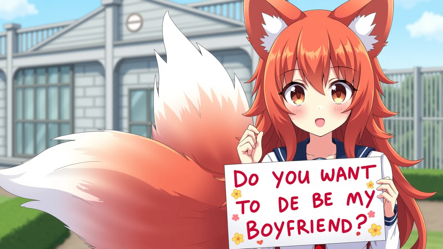 anime style, masterpiece, of incredible quality, high resolution, high resolution, high quality photograph, a pretty furry girl in a red fox, school uniform clothing, Red fox ear, fox tail color red, Which has a sign adorned with flowers and hearts that says "Do you want to be my boyfriend?". stares at us intently from the front, with a seductive smile, Daylight, Schoolyard Background, Anatomically correct,