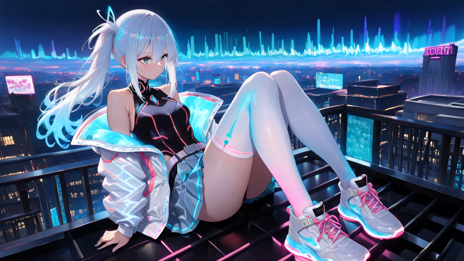 highest quality、masterpiece、night、Headphones、cyber punk、Cyber City、One Girl、Sitting on high ground