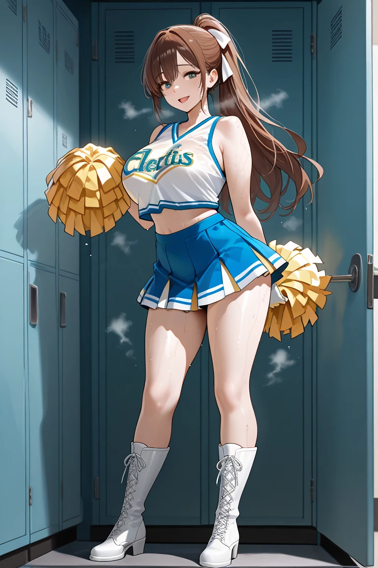 very pale ariana grande smiling, young 30 year old woman, smaller breast size, topless, long straight black hair, hair bangs, single long pony tail, hair framing face, light blue eyes, cinematic natural light, organic dust particles in the light, sensual, 4k, look at camera, underware, highly detailed face, ((full body)), in cheerleader outfit with short blue skirt and white skin tight tank-top, in gym changing room, lookers in background, yellow tiles walls, clothes racks, towels hanging, high ceilng windows, yellow room light, towel on floor, clothing around, sports shoes on floor, shirt on bench next to character, high jumping